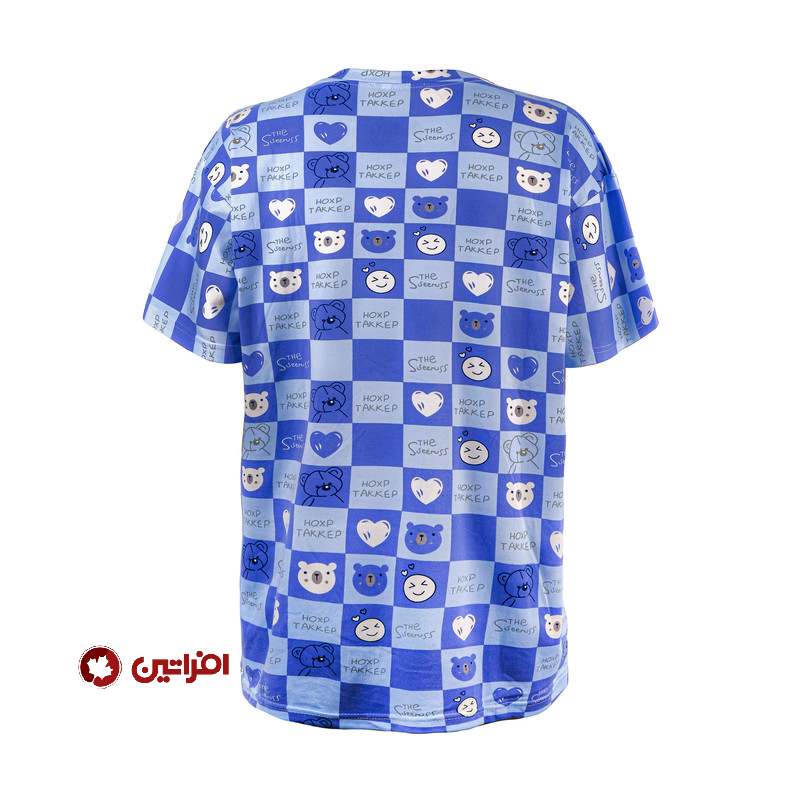تی شرت لانگ آستین کوتاه زنانه افراتین مدل خرس شطرنجی رنگ آبی