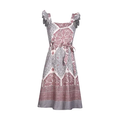 پیراهن ساحلی یقه خشتی زنانه افراتین مدل سرشانه چین‌دار رنگ طوسی