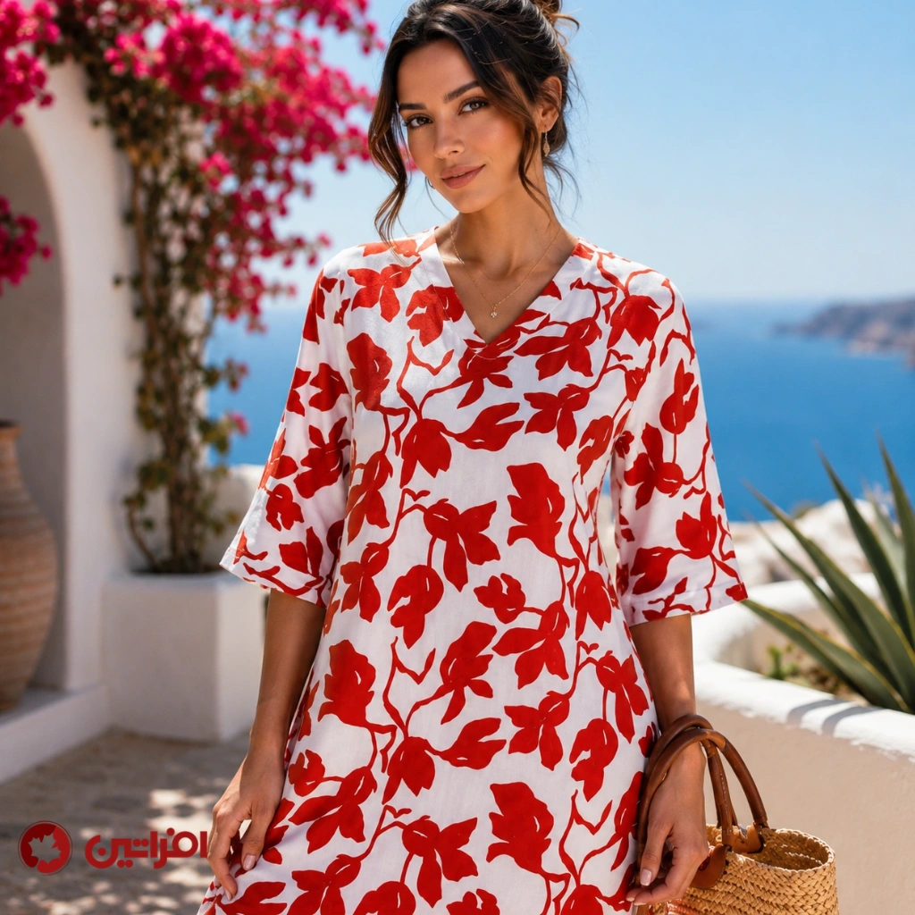 پیراهن ساحلی زنانه نخی مدل شیرین کد 9608 افراتین با یقه هفت و بند تنظیم کمر پیراهن ساحلی زنانه نخی مدل شیرین | کد 9608 افراتین - Image 1