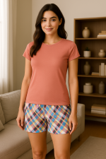 ست تیشرت و شلوارک چهارخونه 6607 گلبهی - Image 2