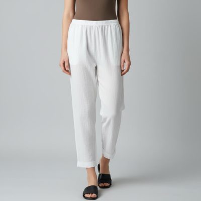 شلوار مام فیت زنانه | مدل دمپا پاکتی سفید 5559