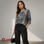 بلوز پلنگی زنانه آستین سه ربع مدل آنا مشکی سفید | کد 7510