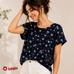 تیشرت گل ریز سرمه‌ای زنانه کد 2593