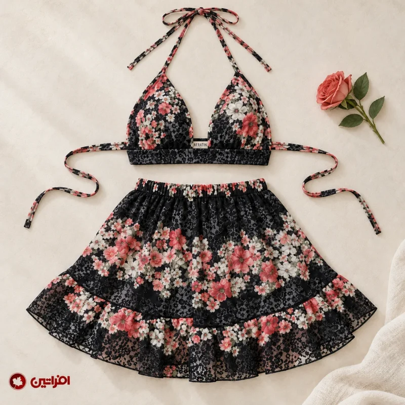 ست توری فانتزی زنانه مدل Black Blossom کد 6615
